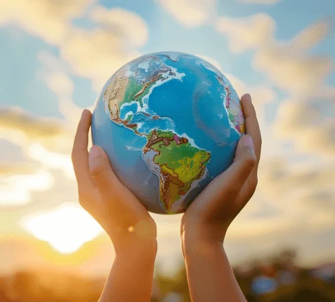 Picture of a person holding a globe in his/her hand