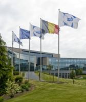 Picture of UCB Headquarters in Brussels, Belgium with the Belgian and European flags